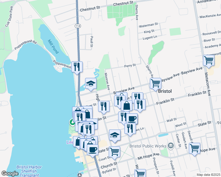 map of restaurants, bars, coffee shops, grocery stores, and more near 54 Monroe Avenue in Bristol