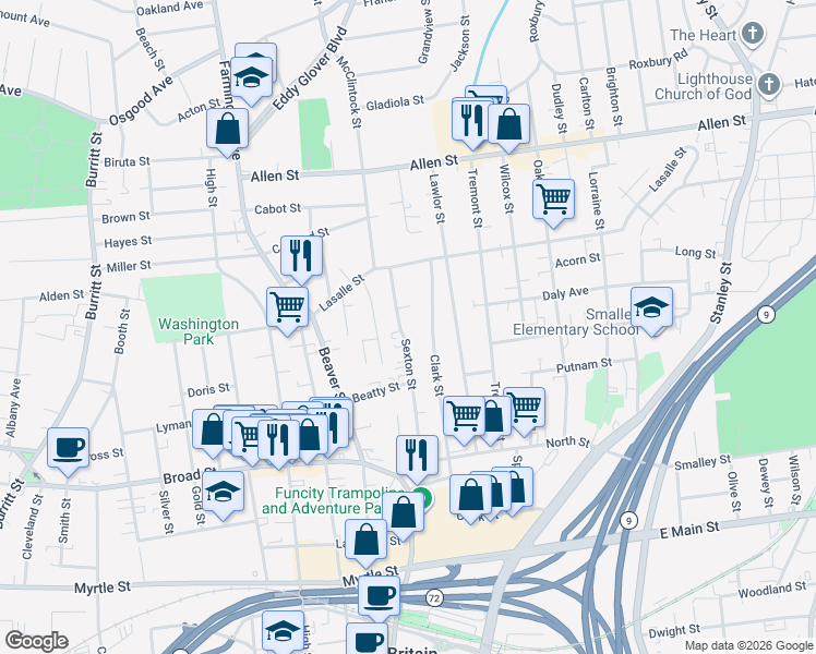 map of restaurants, bars, coffee shops, grocery stores, and more near 133 Sexton Street in New Britain