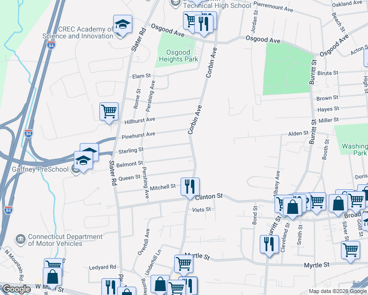 map of restaurants, bars, coffee shops, grocery stores, and more near 30 Sterling Street in New Britain