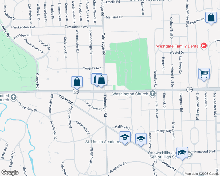 map of restaurants, bars, coffee shops, grocery stores, and more near 4210 Central Avenue in Toledo