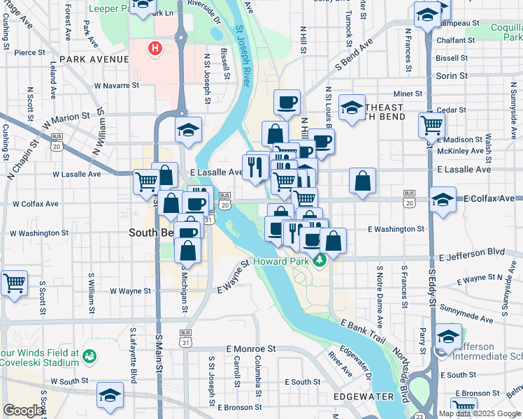 map of restaurants, bars, coffee shops, grocery stores, and more near 322 East Colfax Avenue in South Bend