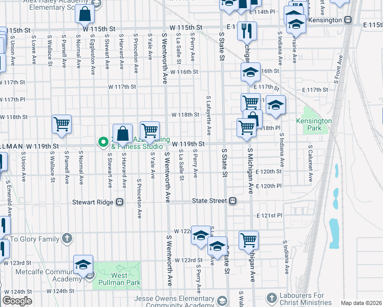map of restaurants, bars, coffee shops, grocery stores, and more near 11914 South Perry Avenue in Chicago