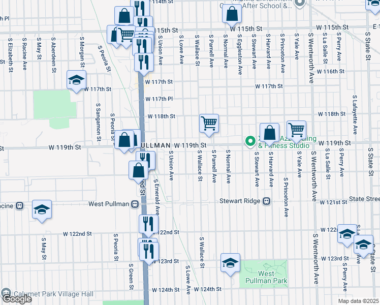 map of restaurants, bars, coffee shops, grocery stores, and more near 11914 South Wallace Street in Chicago