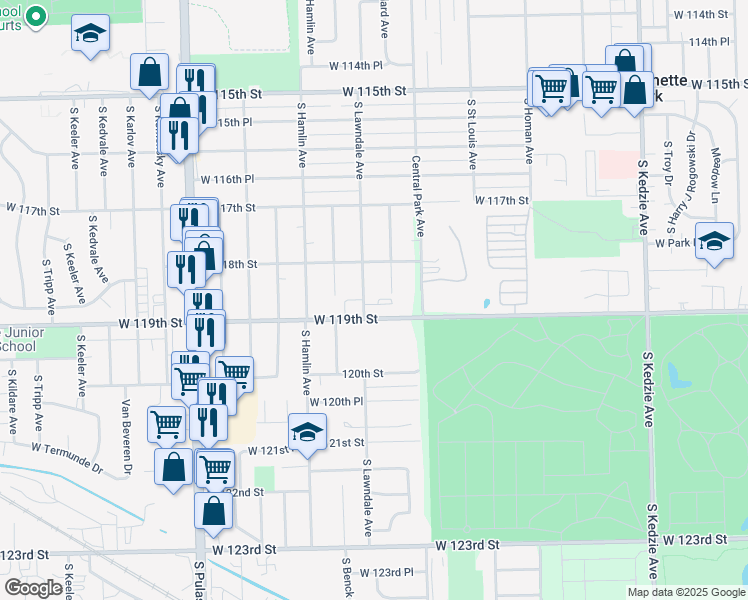 map of restaurants, bars, coffee shops, grocery stores, and more near 11834 South Lawndale Avenue in Chicago