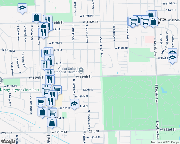map of restaurants, bars, coffee shops, grocery stores, and more near 11834 South Lawndale Avenue in Chicago