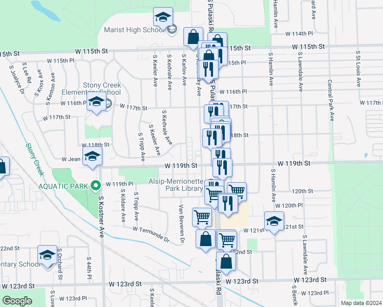 map of restaurants, bars, coffee shops, grocery stores, and more near 11830 South Komensky Avenue in Alsip