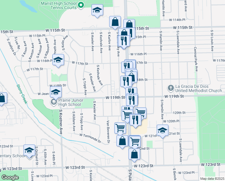 map of restaurants, bars, coffee shops, grocery stores, and more near 11830 South Komensky Avenue in Alsip