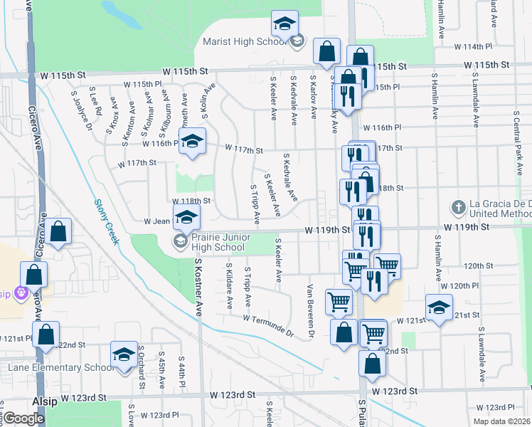 map of restaurants, bars, coffee shops, grocery stores, and more near 4300 West 118th Place in Alsip