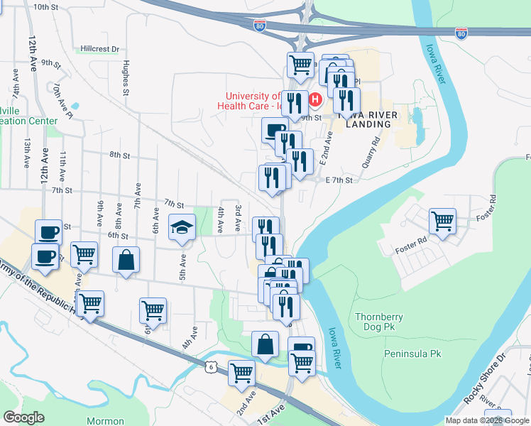 map of restaurants, bars, coffee shops, grocery stores, and more near 207 6th Street in Coralville