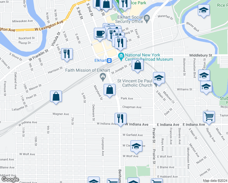 map of restaurants, bars, coffee shops, grocery stores, and more near 999 Benham Avenue in Elkhart