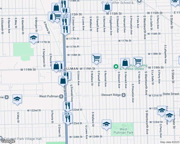 map of restaurants, bars, coffee shops, grocery stores, and more near 11914 South Wallace Street in Chicago