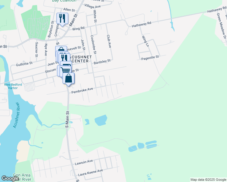 map of restaurants, bars, coffee shops, grocery stores, and more near 12 Belanger Street in Acushnet