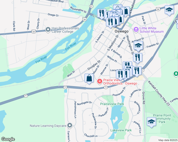 map of restaurants, bars, coffee shops, grocery stores, and more near 418 Douglas Street in Oswego