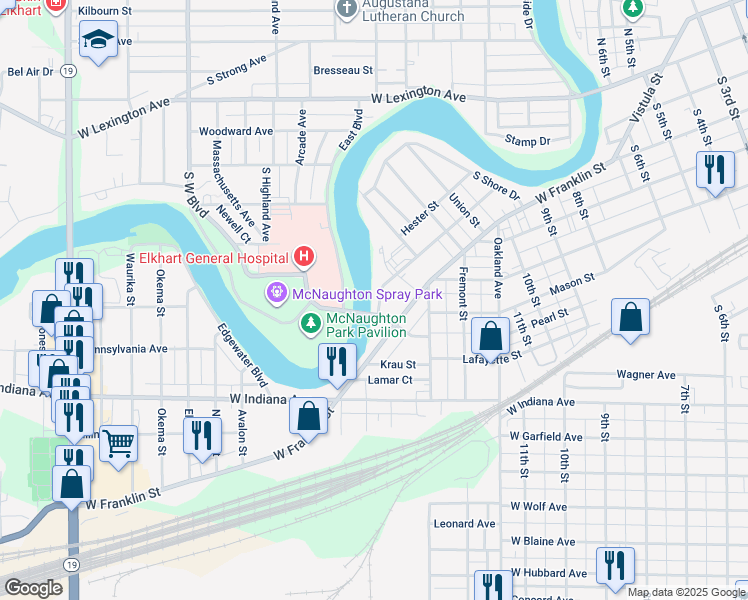 map of restaurants, bars, coffee shops, grocery stores, and more near 1460 Hudson Street in Elkhart
