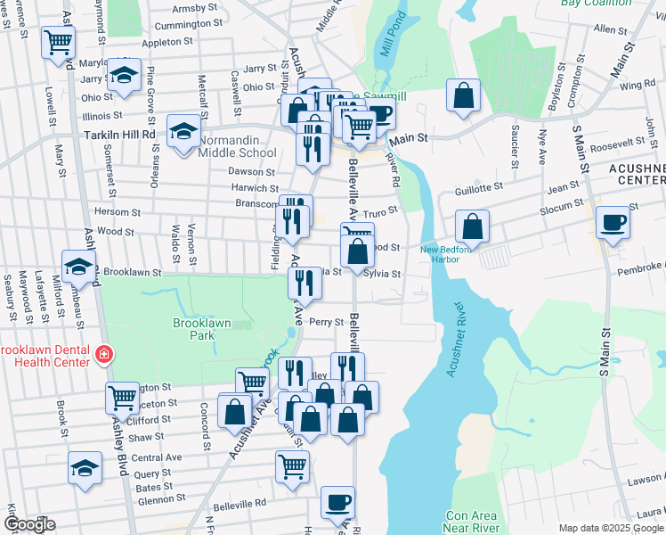 map of restaurants, bars, coffee shops, grocery stores, and more near 132 Brightman Street in New Bedford