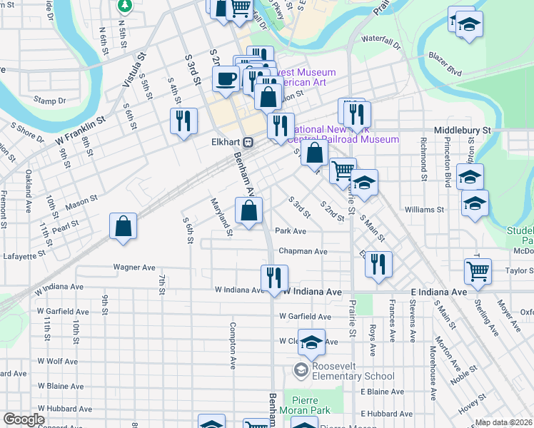map of restaurants, bars, coffee shops, grocery stores, and more near 1001 Benham Court in Elkhart