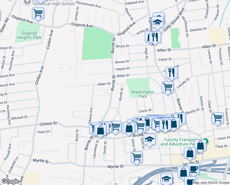 map of restaurants, bars, coffee shops, grocery stores, and more near 471 Burritt Street in New Britain