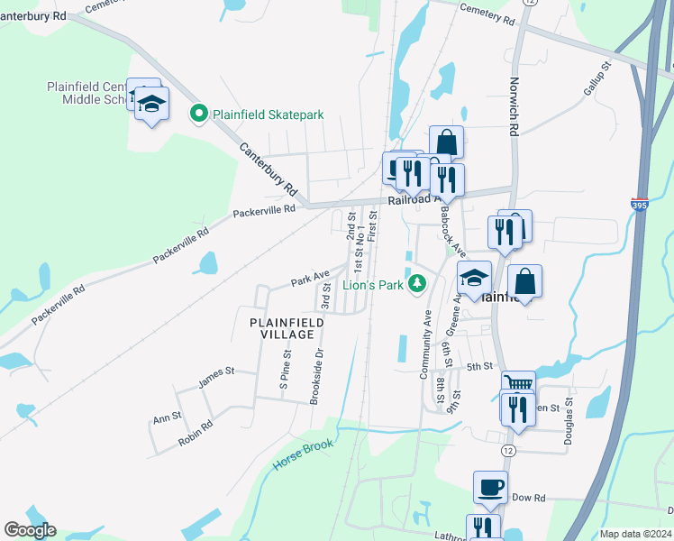 map of restaurants, bars, coffee shops, grocery stores, and more near 19 Park Avenue in Plainfield