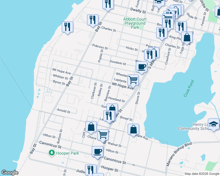 map of restaurants, bars, coffee shops, grocery stores, and more near 160 Bayview Street in Fall River