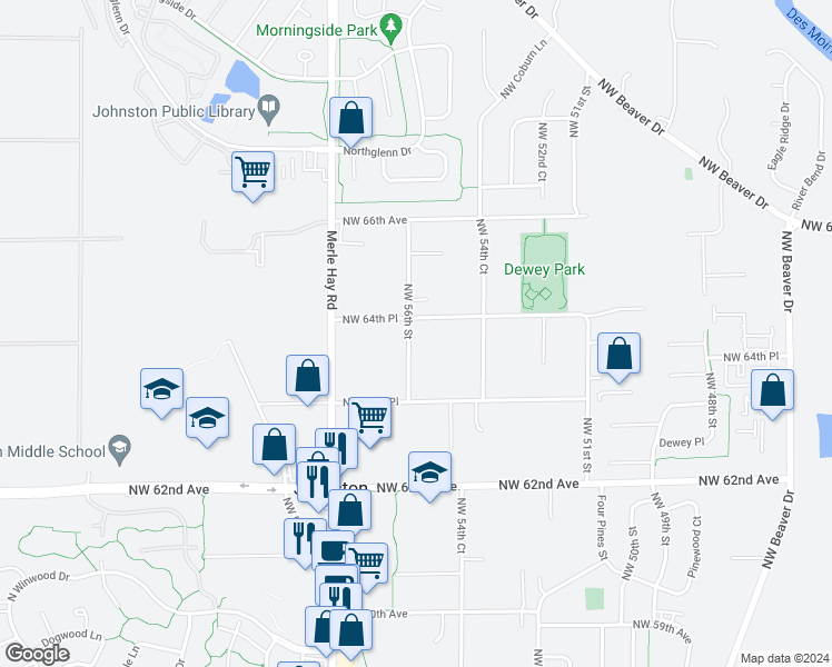 map of restaurants, bars, coffee shops, grocery stores, and more near 6435 Northwest 56th Street in Johnston