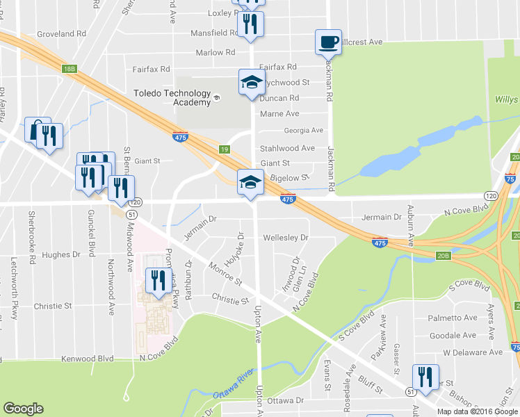 map of restaurants, bars, coffee shops, grocery stores, and more near 3014 Upton Ave in Toledo