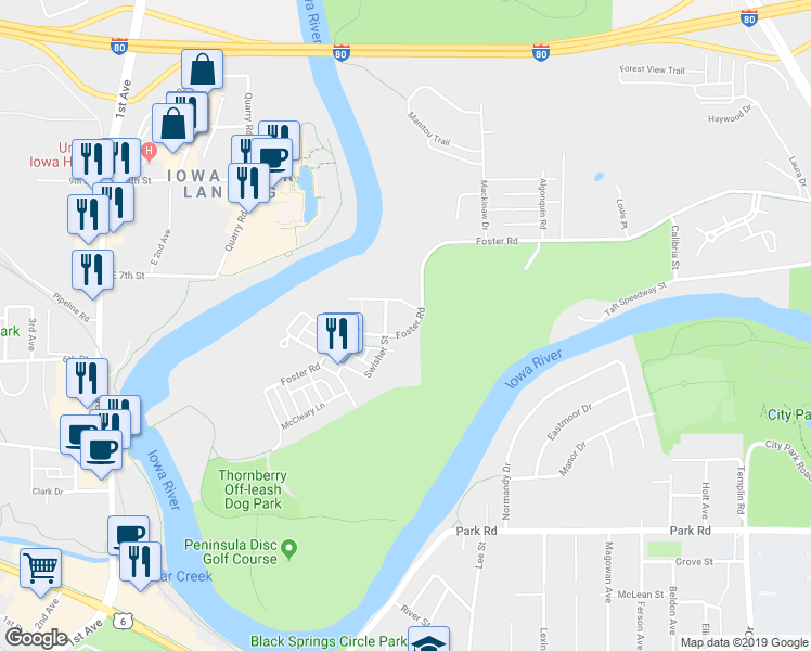 map of restaurants, bars, coffee shops, grocery stores, and more near 1018 Foster Road in Iowa City
