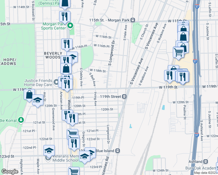 map of restaurants, bars, coffee shops, grocery stores, and more near 11865 South Longwood Drive in Chicago