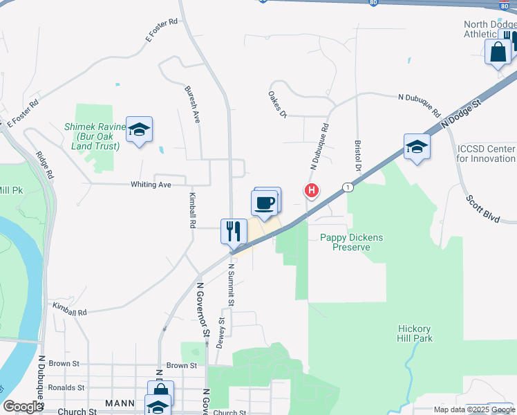 map of restaurants, bars, coffee shops, grocery stores, and more near 1120 Saint Clements Alley in Iowa City