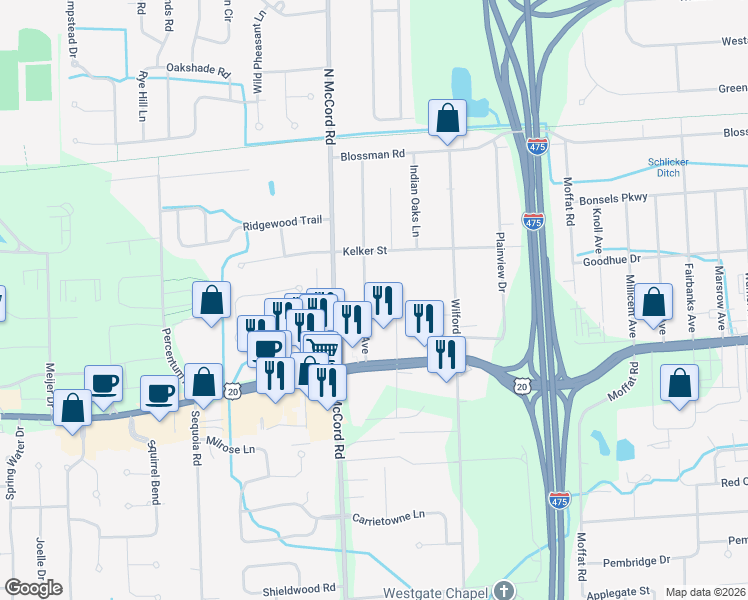 map of restaurants, bars, coffee shops, grocery stores, and more near 3222 Zone Avenue in Toledo