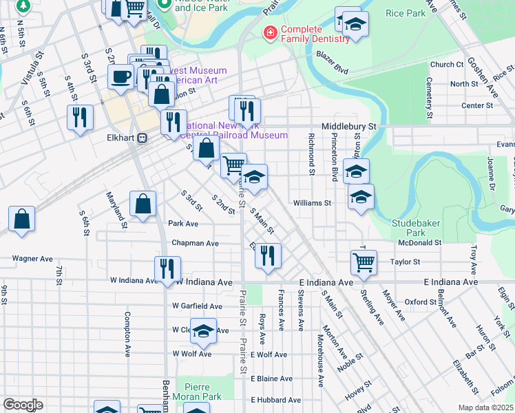 map of restaurants, bars, coffee shops, grocery stores, and more near 1122 South Main Street in Elkhart