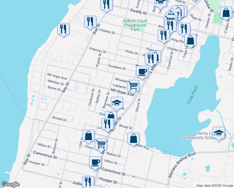 map of restaurants, bars, coffee shops, grocery stores, and more near 605 Mount Hope Avenue in Fall River
