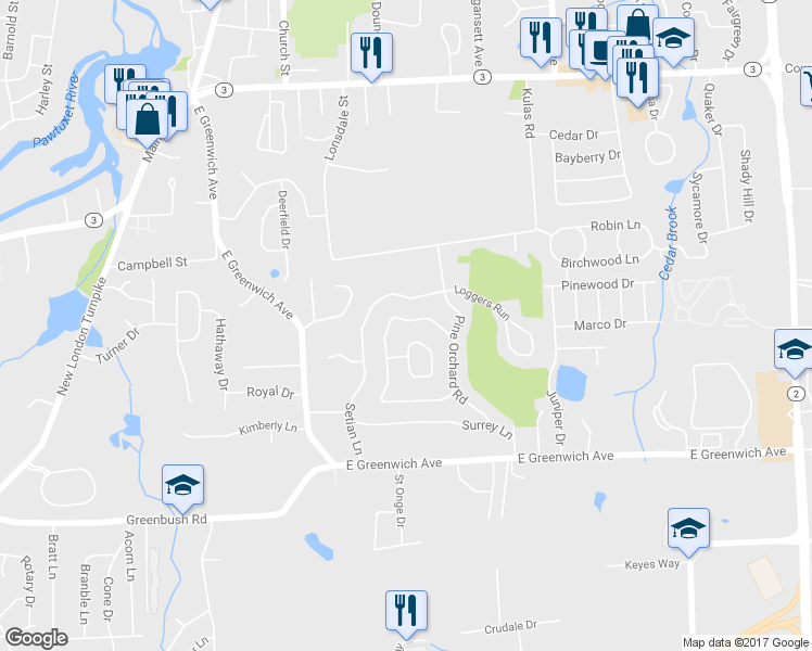 map of restaurants, bars, coffee shops, grocery stores, and more near 32 Silverwood Ln in West Warwick