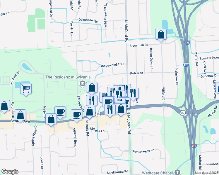 map of restaurants, bars, coffee shops, grocery stores, and more near 6809 Woodmeadow Drive in Toledo