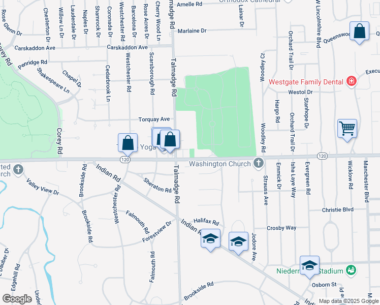 map of restaurants, bars, coffee shops, grocery stores, and more near 4210 Central Avenue in Toledo
