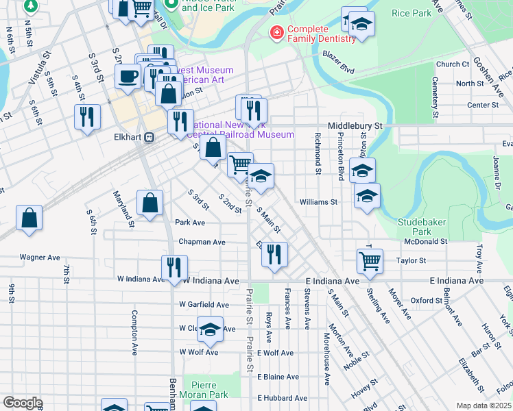 map of restaurants, bars, coffee shops, grocery stores, and more near 1114 South Main Street in Elkhart
