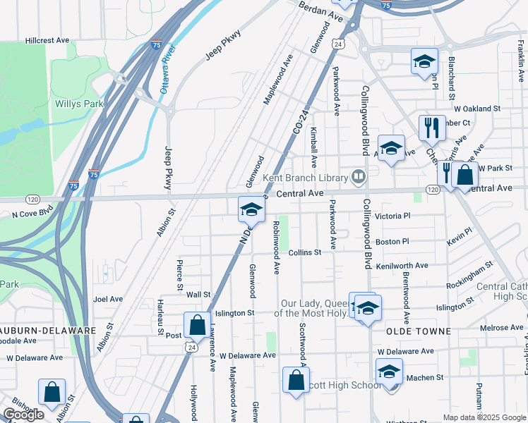 map of restaurants, bars, coffee shops, grocery stores, and more near 3002 North Detroit Avenue in Toledo