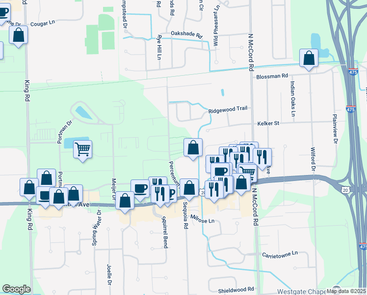 map of restaurants, bars, coffee shops, grocery stores, and more near 3306 Percentum Road in Toledo