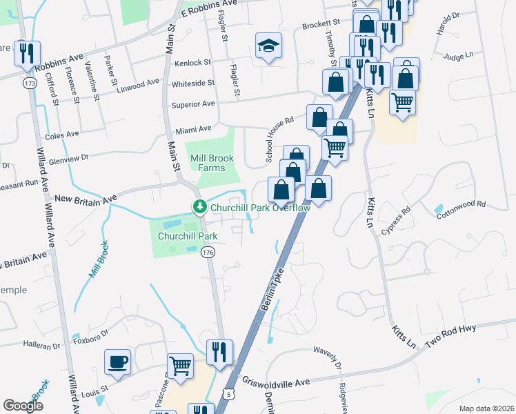 map of restaurants, bars, coffee shops, grocery stores, and more near 431 Churchill Drive in Newington