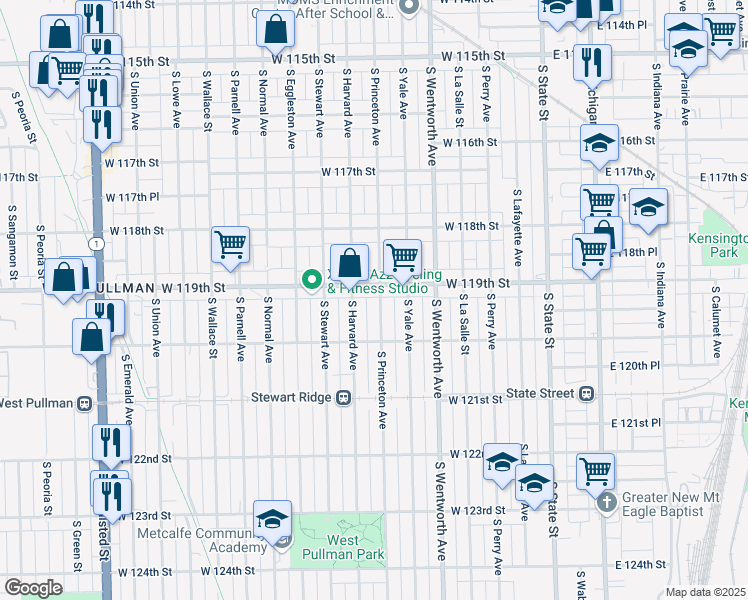 map of restaurants, bars, coffee shops, grocery stores, and more near 11912 South Princeton Avenue in Chicago