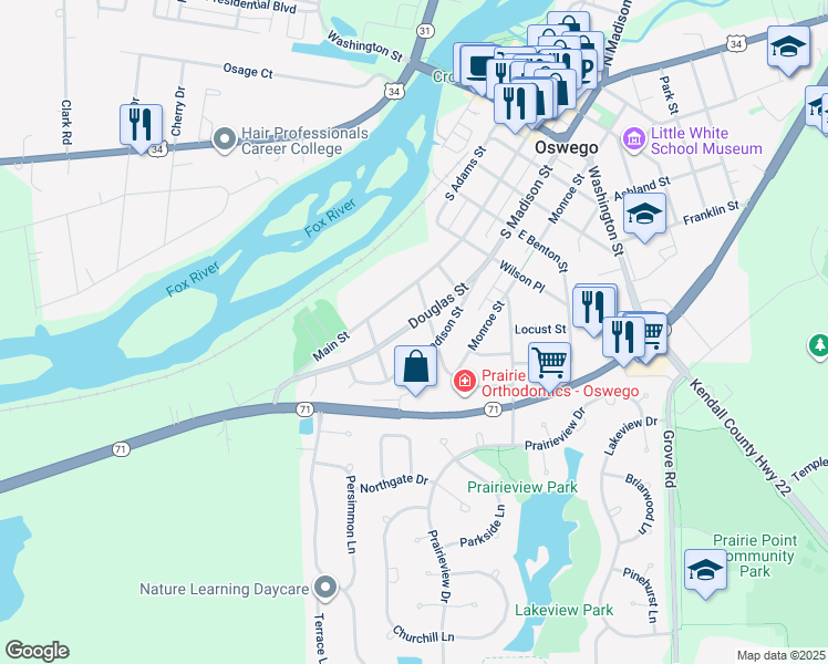 map of restaurants, bars, coffee shops, grocery stores, and more near 418 Douglas Street in Oswego