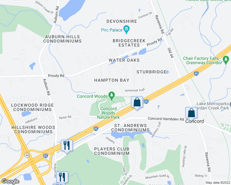 map of restaurants, bars, coffee shops, grocery stores, and more near 11280 Somerset Trail in Painesville