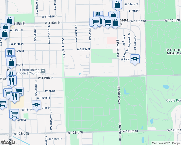 map of restaurants, bars, coffee shops, grocery stores, and more near 3a South Homan Avenue in Merrionette Park