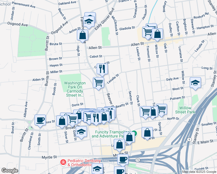 map of restaurants, bars, coffee shops, grocery stores, and more near 231 Beaver Street in New Britain