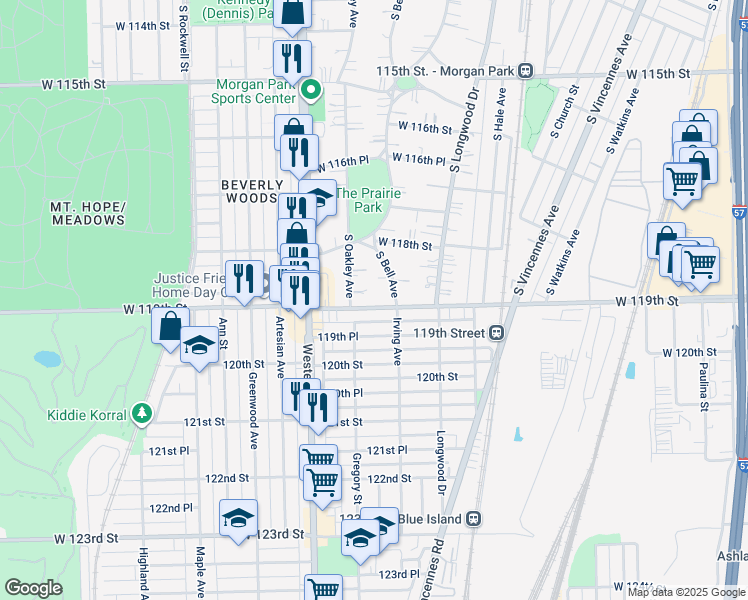 map of restaurants, bars, coffee shops, grocery stores, and more near 2268 West 119th Street in Chicago
