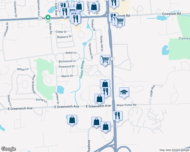 map of restaurants, bars, coffee shops, grocery stores, and more near 565 Quaker Lane in West Warwick