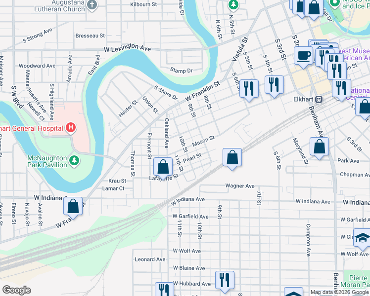 map of restaurants, bars, coffee shops, grocery stores, and more near 699 10th Street in Elkhart