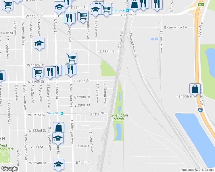 map of restaurants, bars, coffee shops, grocery stores, and more near 11921 South Calumet Avenue in Chicago