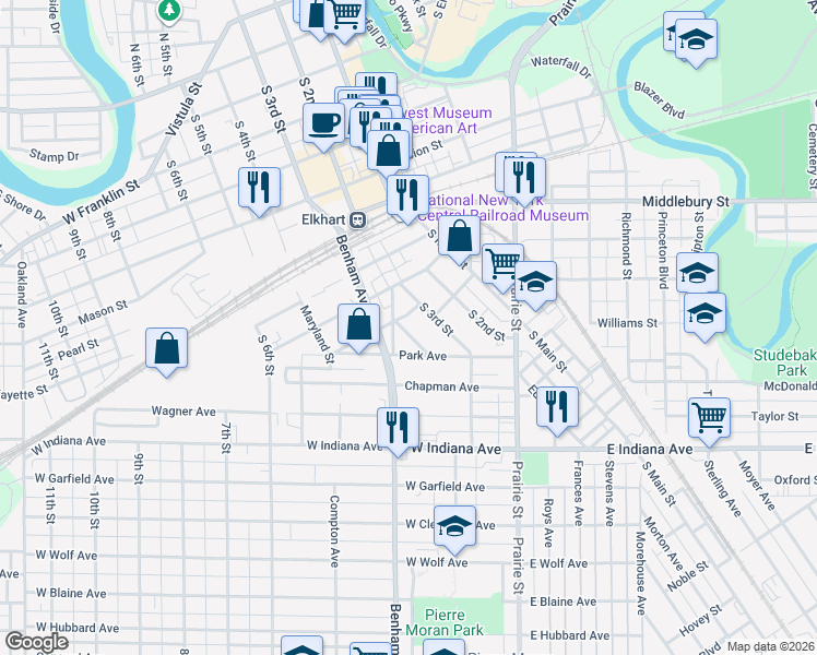 map of restaurants, bars, coffee shops, grocery stores, and more near 1012 McKinley Avenue in Elkhart