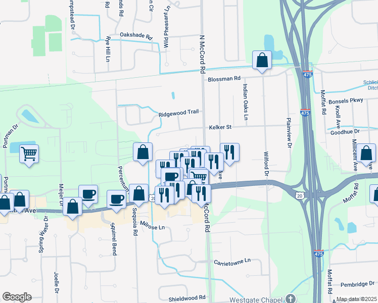 map of restaurants, bars, coffee shops, grocery stores, and more near 3234 Meadowlake Drive in Toledo