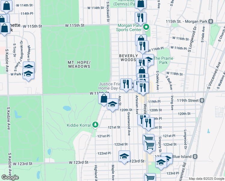 map of restaurants, bars, coffee shops, grocery stores, and more near 2556 119th Street in Blue Island